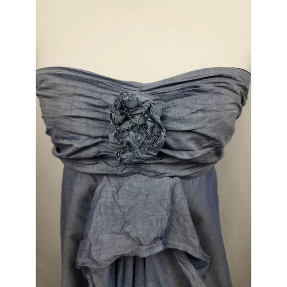 J.Crew Strapless Chambray Rose and Ruffle A-Line Dress 100% Cotton Size 0 - Picture 2 of 9